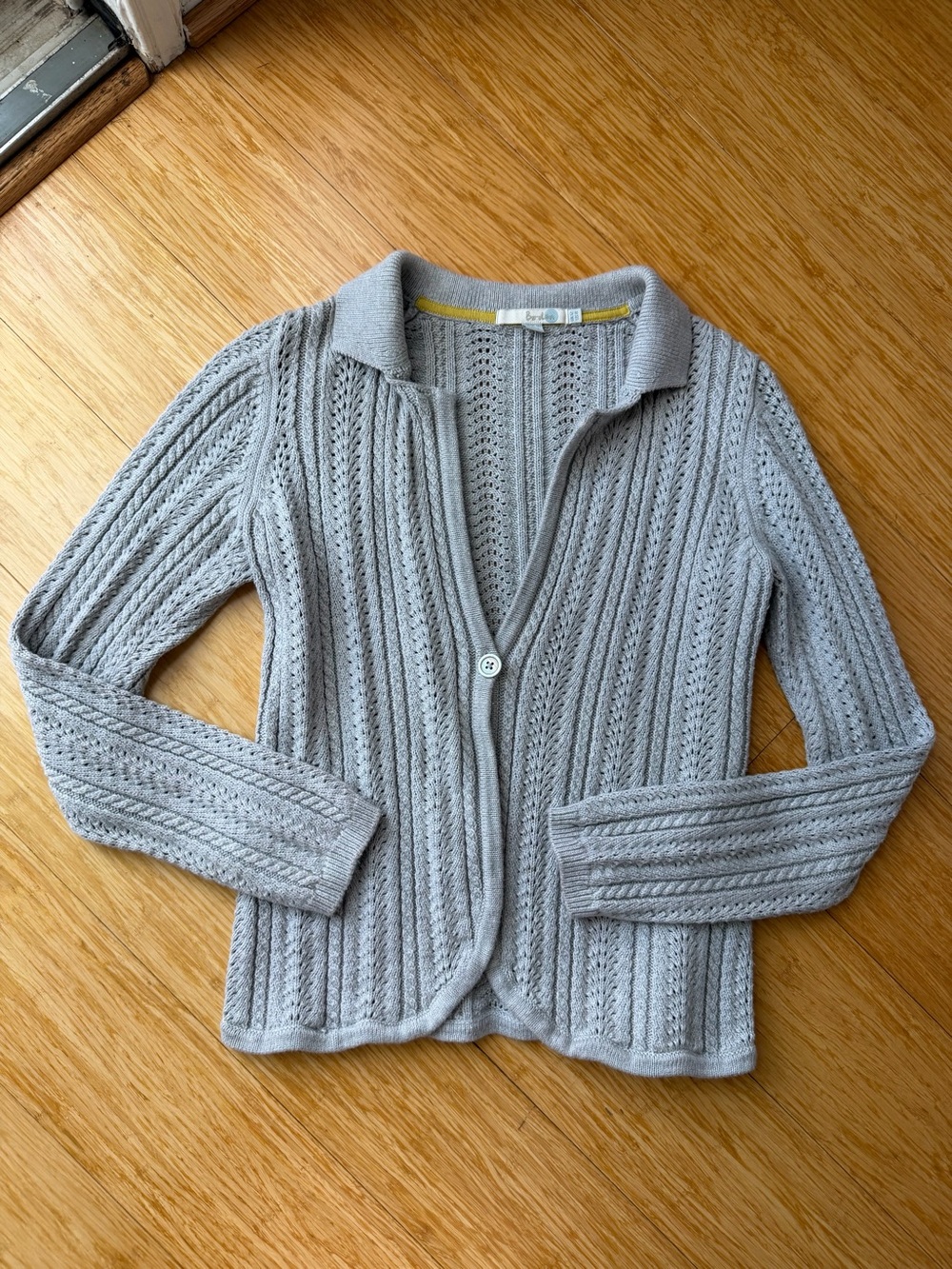 Boden Gray Pointelle Cable Knit Cardigan Sweater Size 8